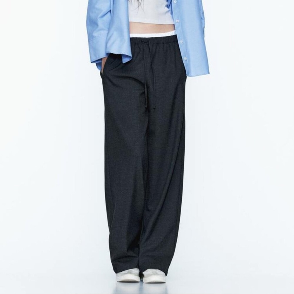 Zara Women's Double Waist Charcoal Gray Wide Leg Pants Slacks Trousers Joggers